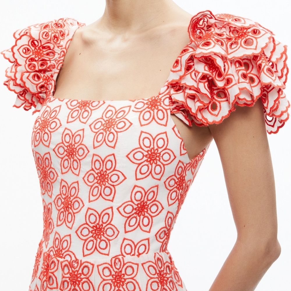 Alice + Olivia White Maxi Dress with Red Floral Eyelet Pattern - Picture 3 of 12